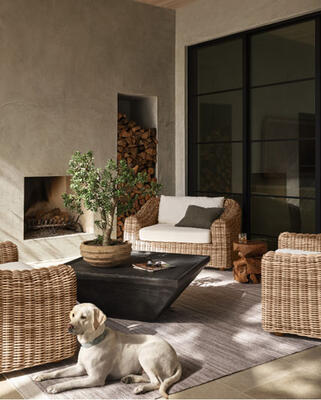 The family room, outdoor edition: Messina outdoor chairs in FSC-certified teak and Drake coffee table in aluminum 
