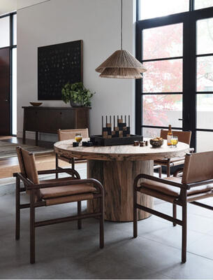 It’s all about craftsmanship. The Hudson round dining table is made of reclaimed spalted primavera that’s been hand-selected and shaped by master artisans in Mexico