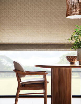 Canework grassweave motifs woven-to-size windowcovering, shown in Ramil