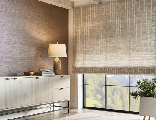 Genesis grassweave origins woven-to-size windowcovering, shown in Grainseed